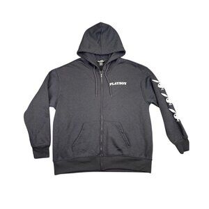 Playboy Mens Full Zip Hoodie Puff Print Logo Fleece Jacket Gray Size M